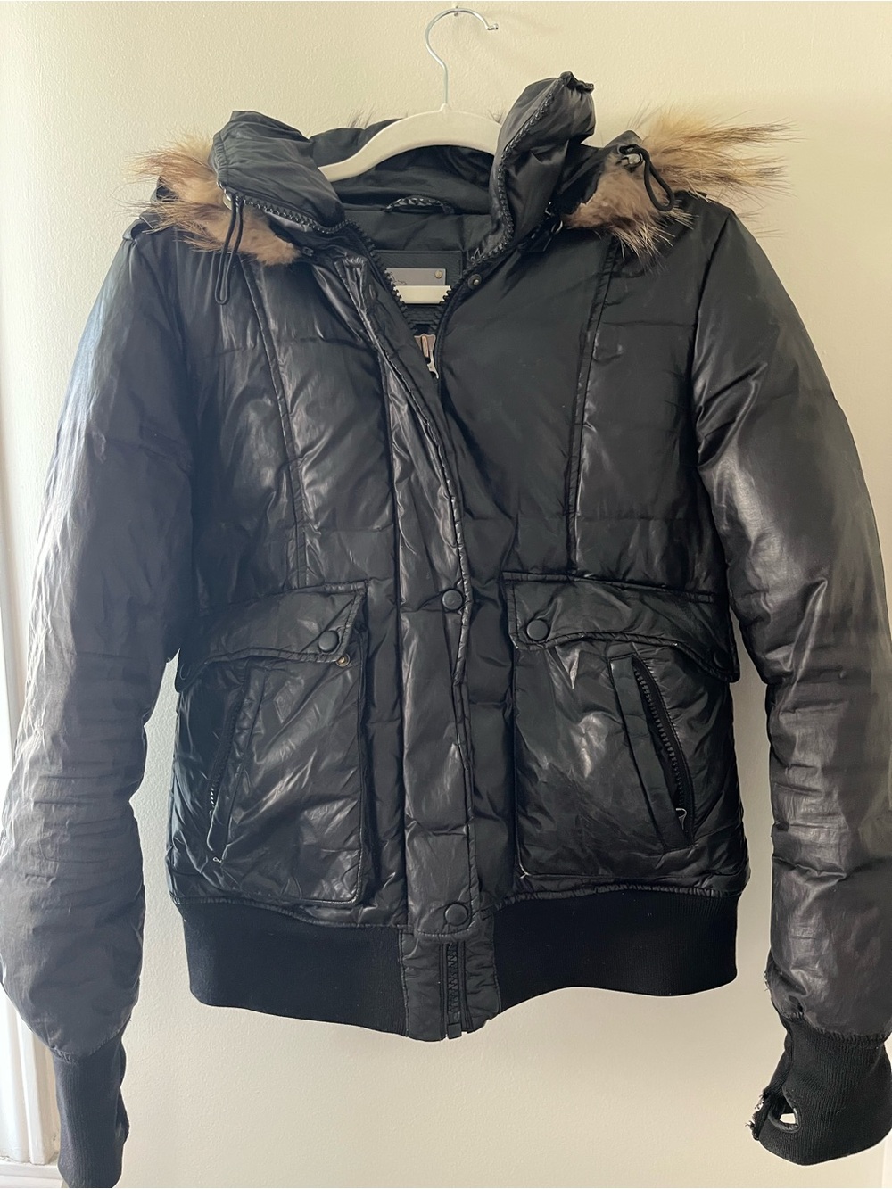Authentic Mackage Black Technical Puffer Bomber Winter Jacket with Real Fur Hood
